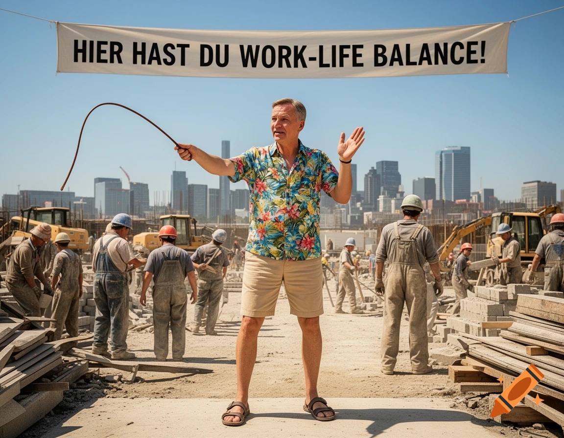 Man in Hawaiian shirt with a whip oversees construction workers under a banner reading 'HIER HAST DU WORK-LIFE BALANCE!' at a sunny site.