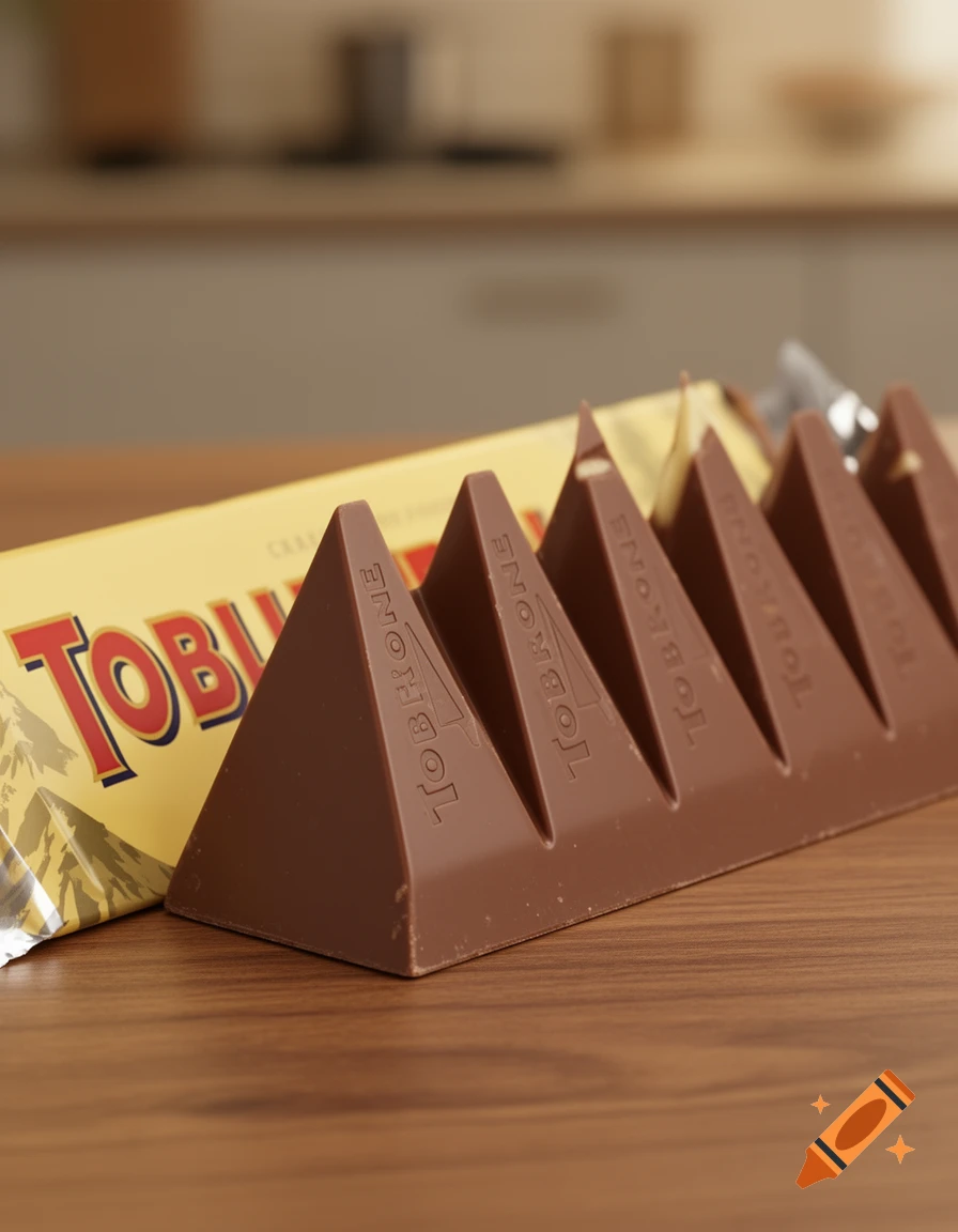 A close-up, photorealistic shot of an unwrapped Toblerone chocolate bar on a wooden table.