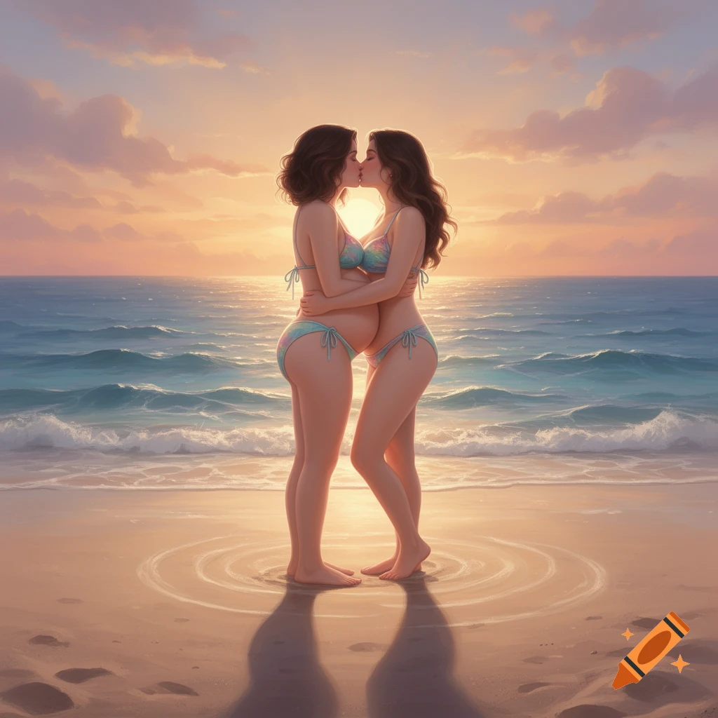 Two women, one pregnant, in bikinis kiss on a sandy beach with ocean waves and a sunset sky.