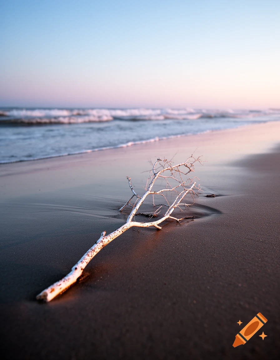 A piece of white driftwood lies on a sandy beach with gentle waves and a soft pink and blue sunset sky in the background.