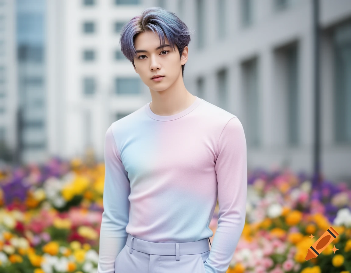 A young man with blue and purple hair wears a pastel ombre long-sleeved shirt, standing amongst colorful blurred flowers with buildings in the background.