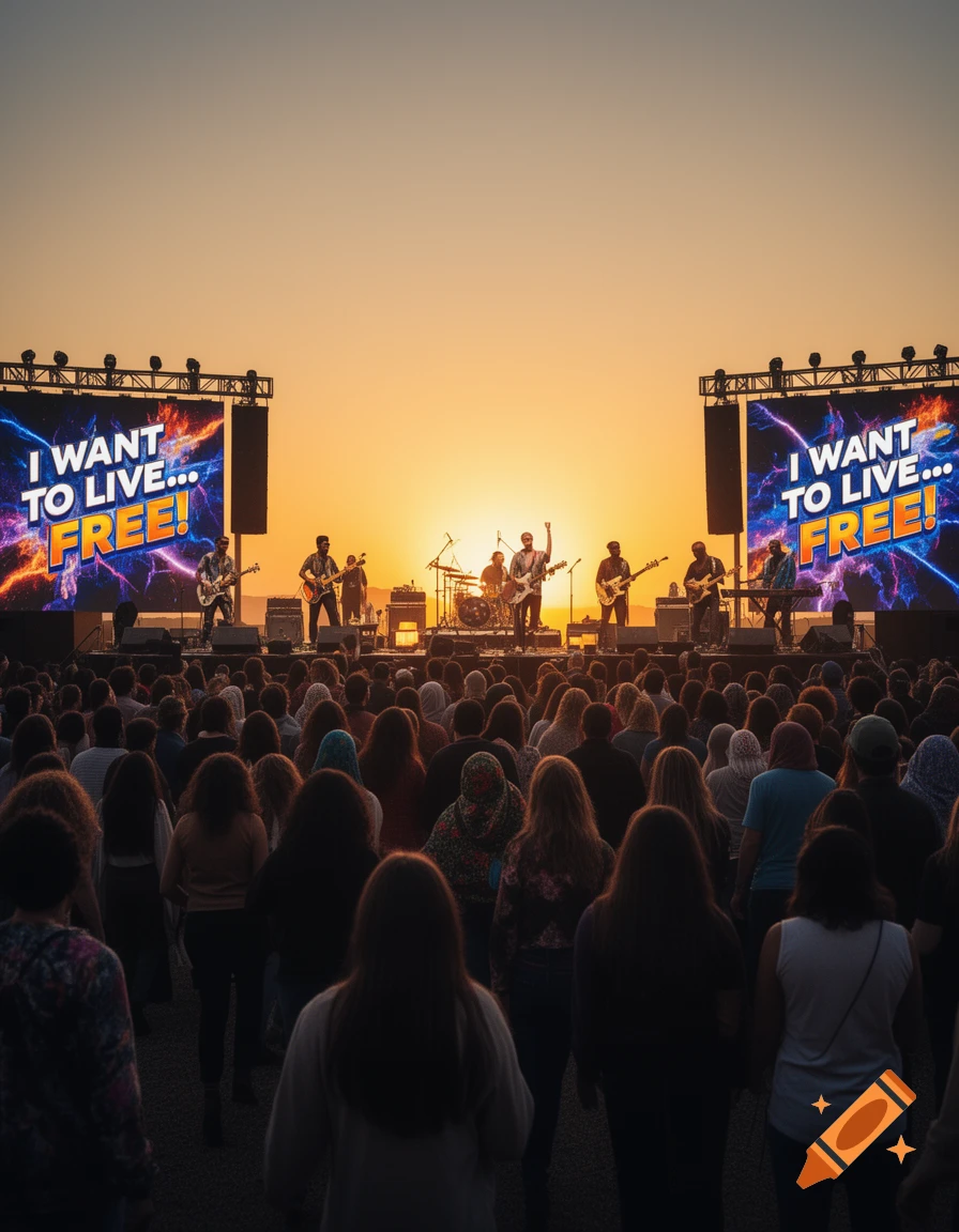 A large crowd attends an outdoor concert at sunset, with a band on stage and two large screens displaying 'I WANT TO LIVE... FREE!'.