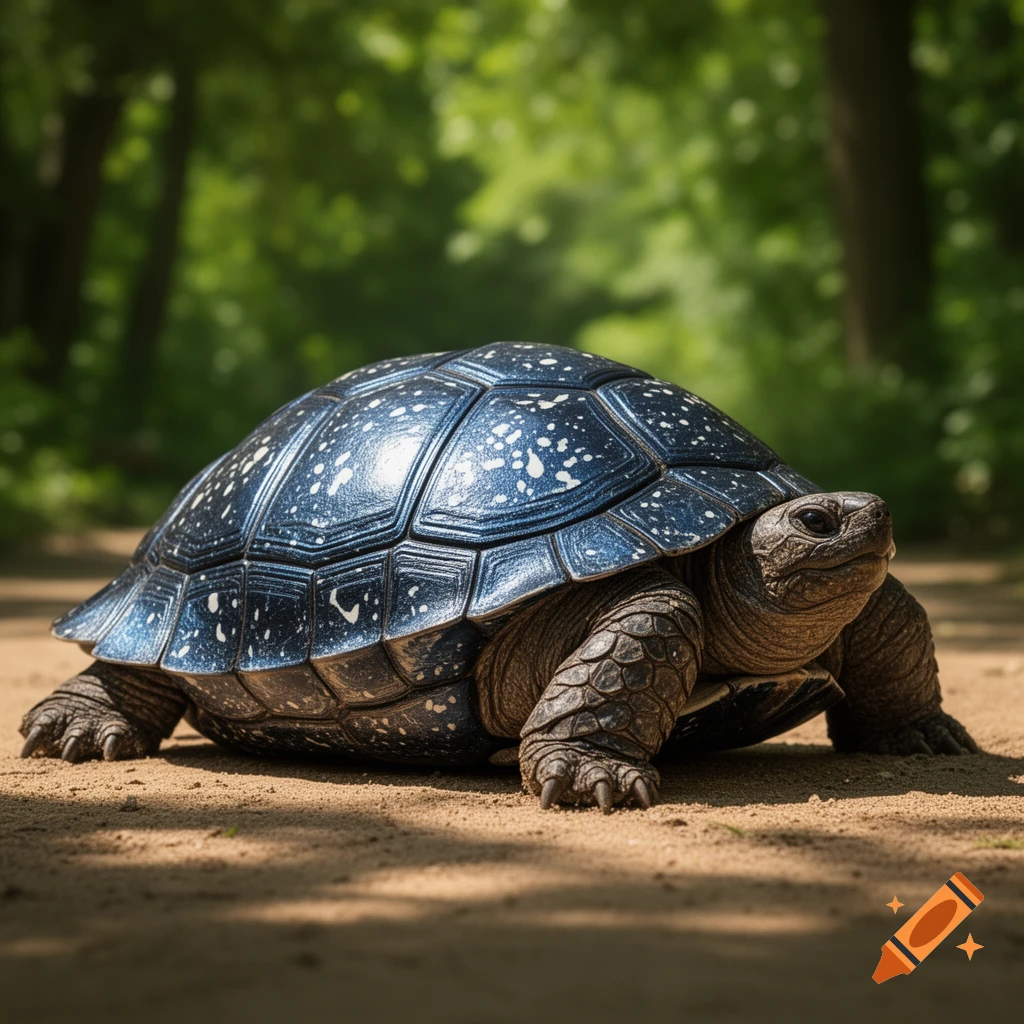 A tortoise with a dark metallic blue shell speckled with white spots walks on a dirt path in a forest.