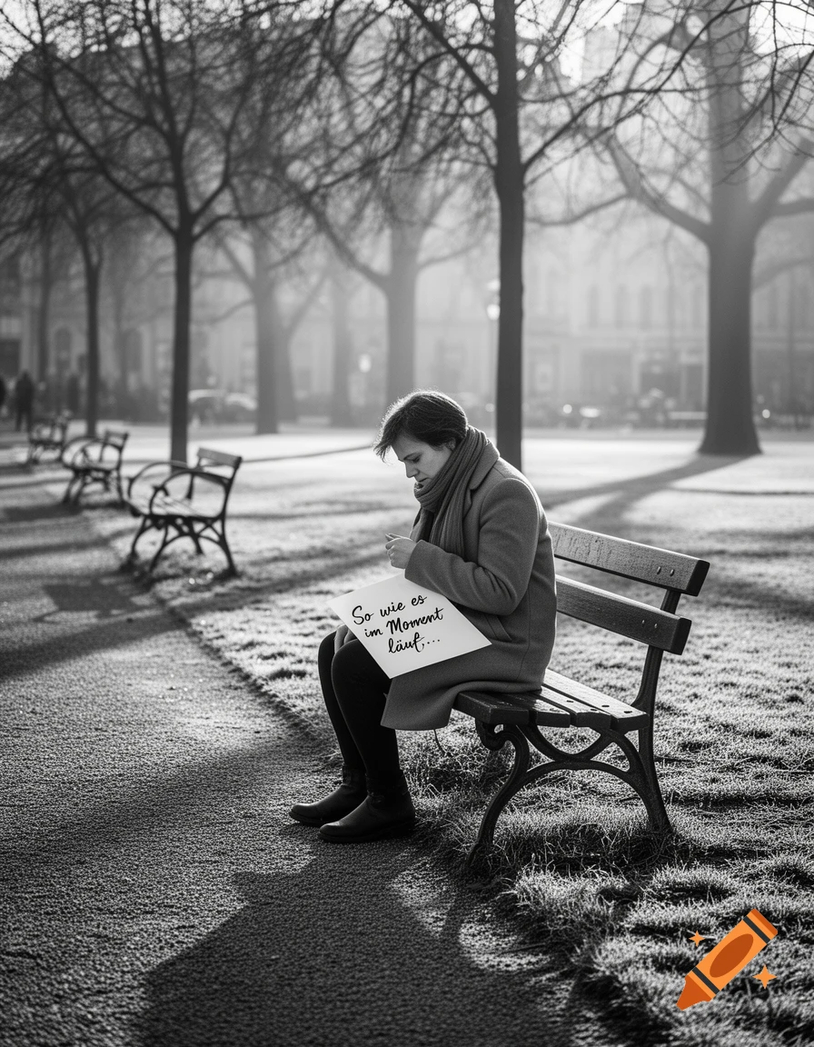 A black and white photograph shows a person sitting on a park bench holding a sign that reads 'So wie es im Moment läuft...'.