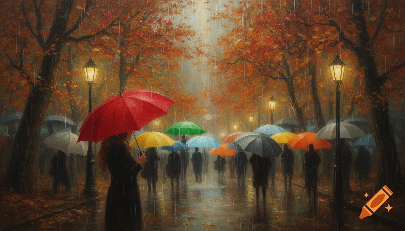 An oil painting depicts a rainy autumn park with a woman in the foreground holding a red umbrella, surrounded by people with colorful umbrellas under glowing streetlights and vibrant trees.