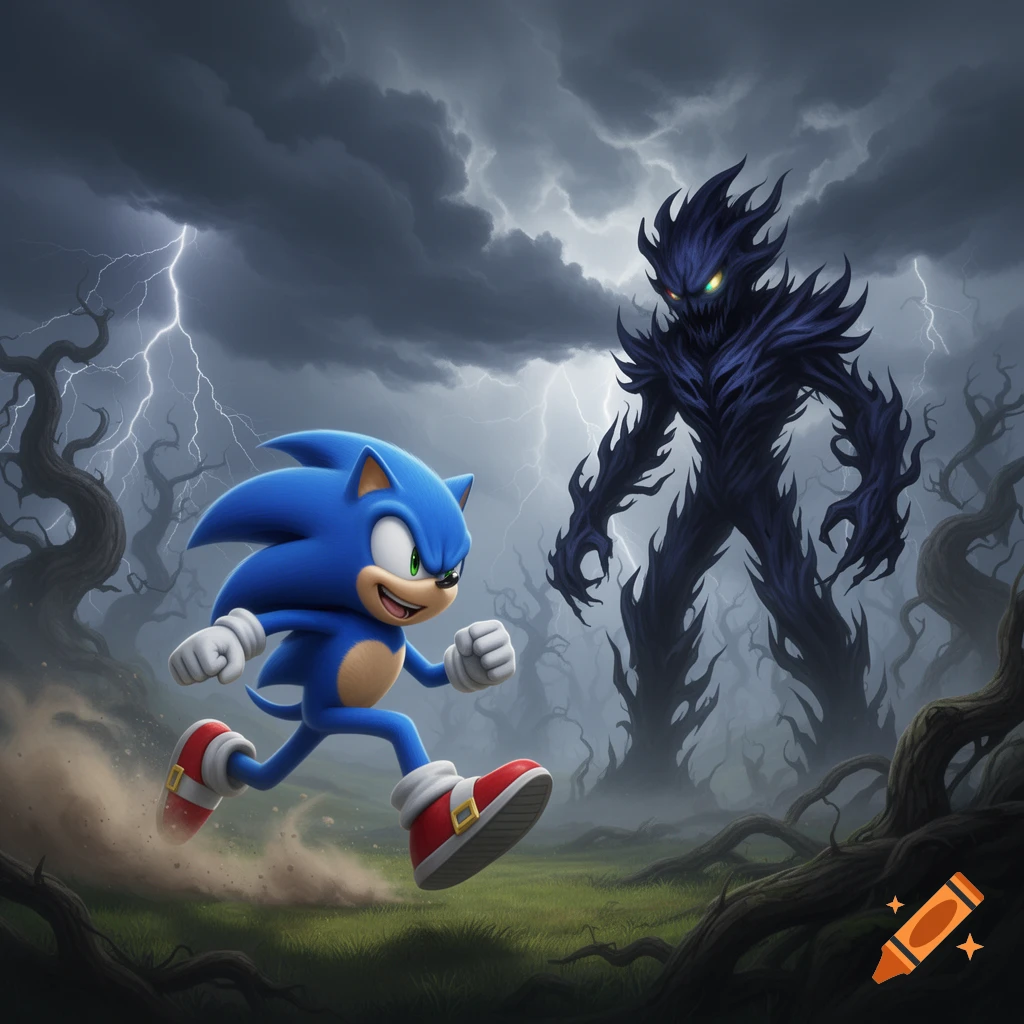 Sonic the Hedgehog runs through a dark, stormy forest while a giant, shadowy monster pursues him in this digital illustration.