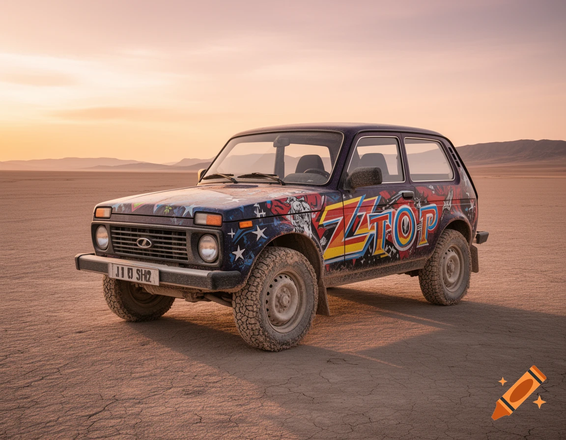 A custom Lada Niva with a vibrant "Z TOP" themed paint job parked on a cracked dry lakebed at sunset.