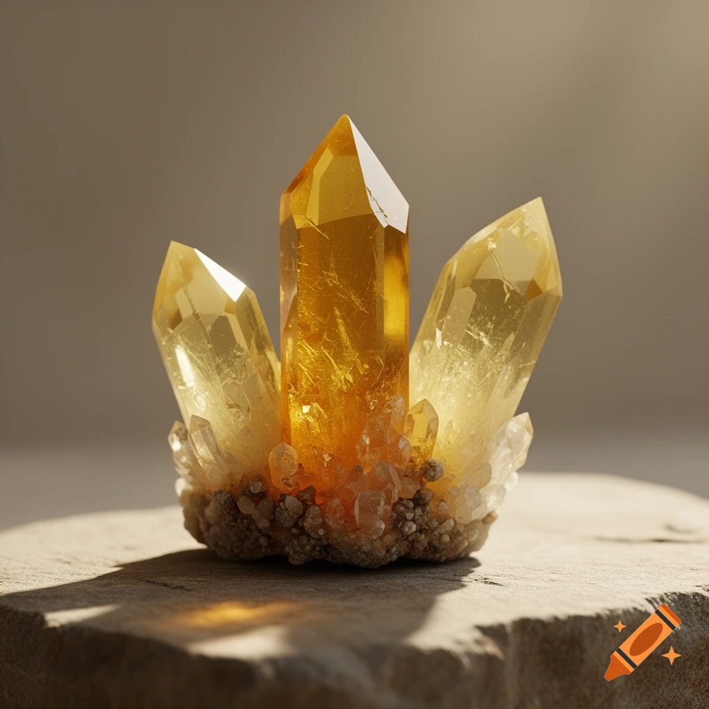 Photorealistic image of a cluster of bright yellow crystals on a textured rock surface, illuminated by warm light.