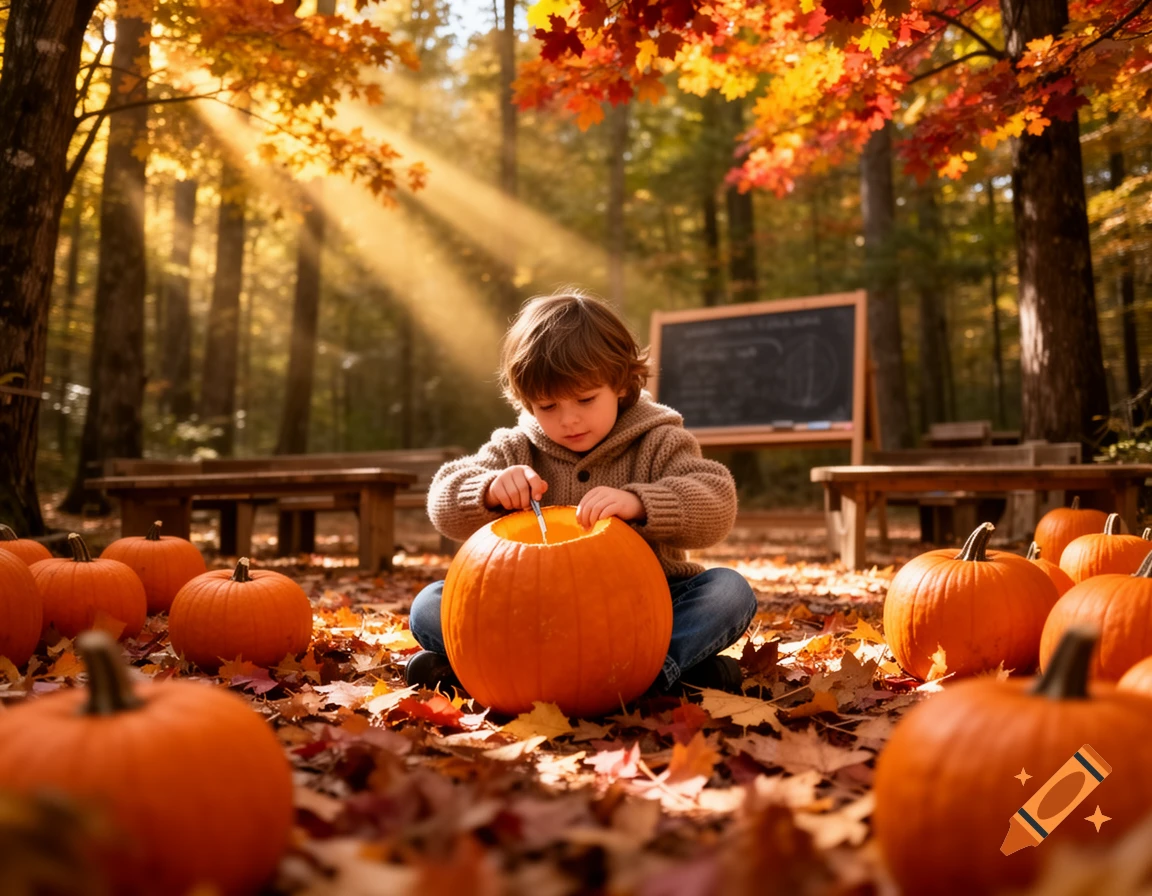 A young child carves a pumpkin in an autumn forest, surrounded by pumpkins and fallen leaves, with sun rays.