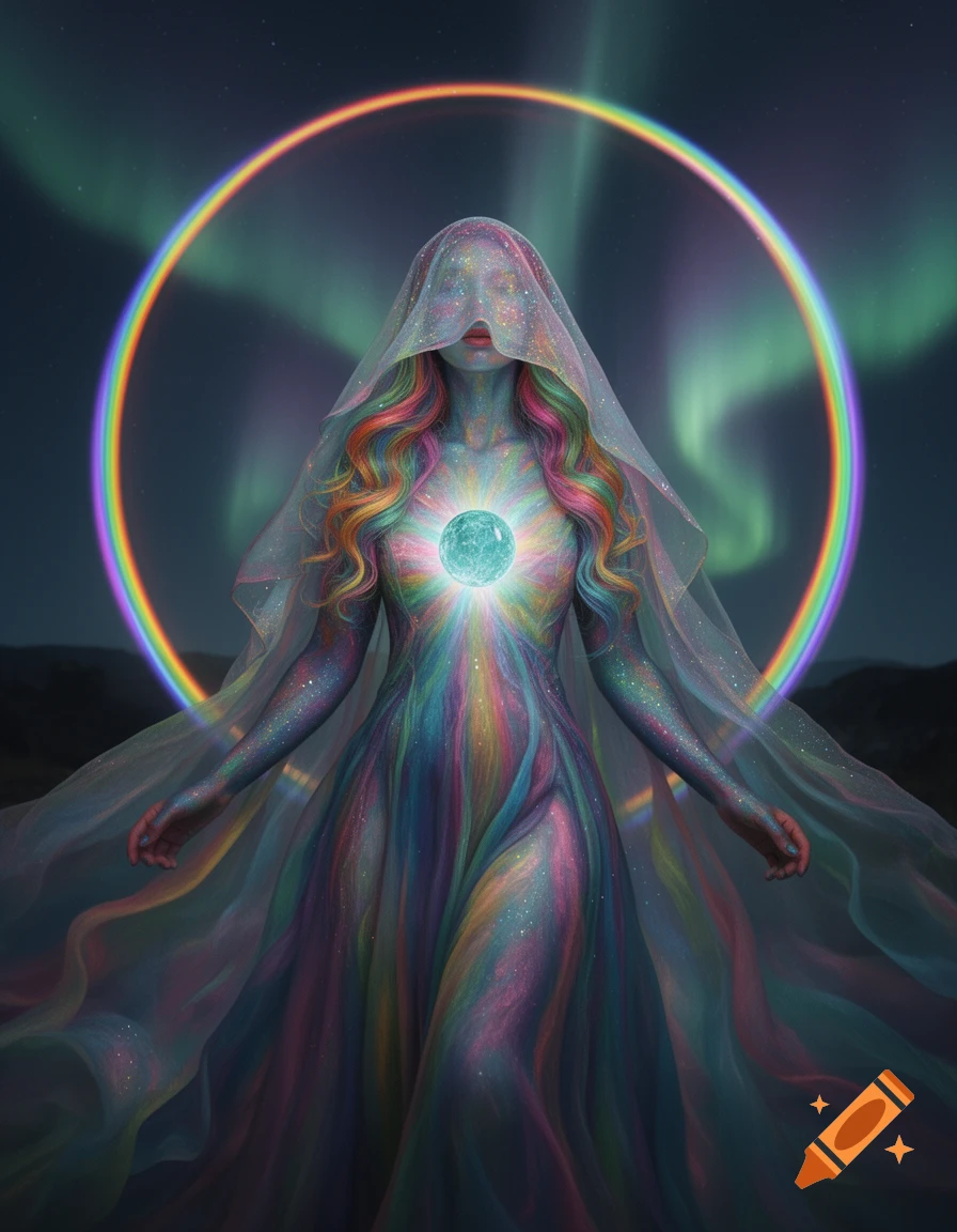 Ethereal rainbow-hued figure with a glowing chest orb and veil, a rainbow halo, against an aurora-lit night sky.