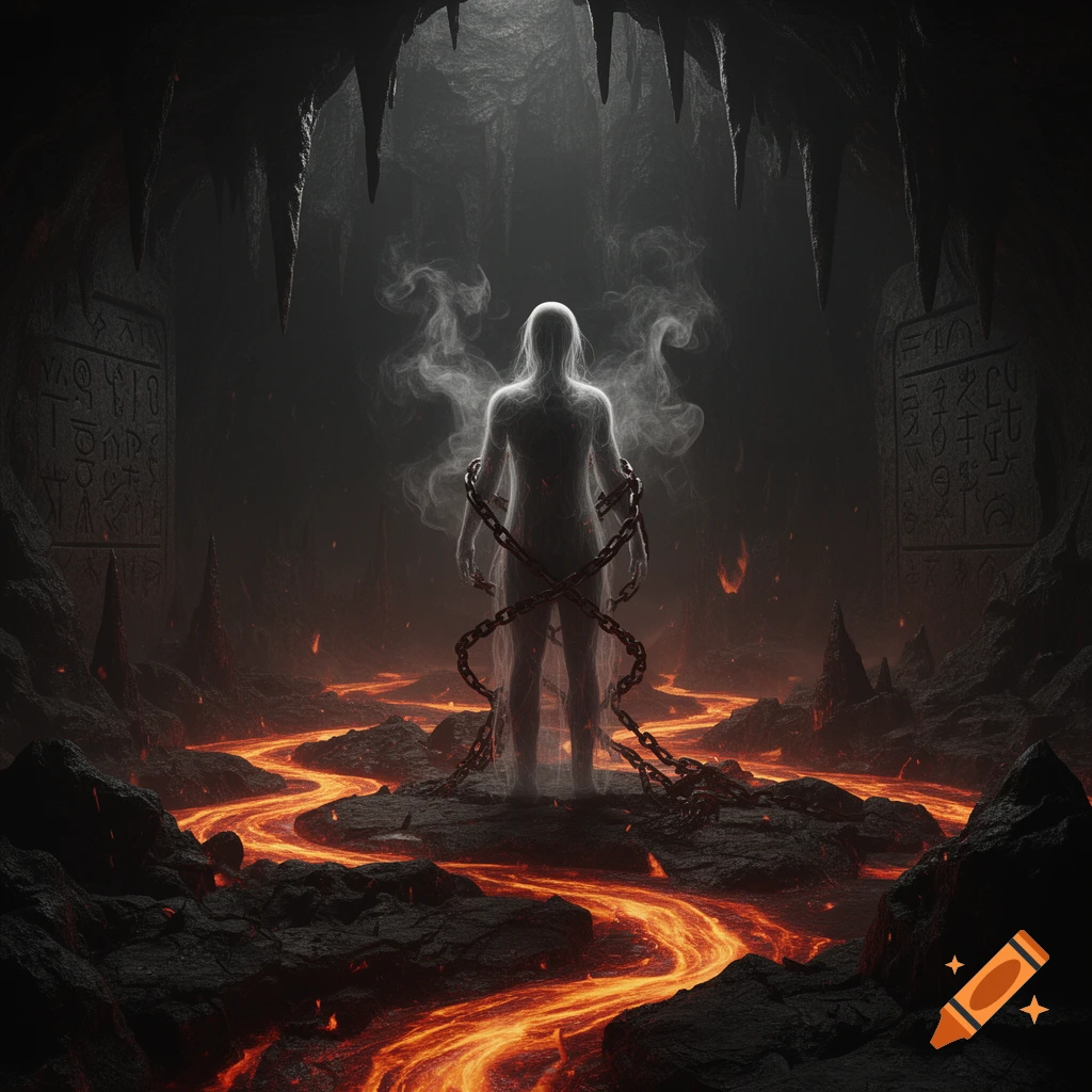 An ethereal figure, bound by chains, stands amidst a dark, cavernous underworld with flowing rivers of lava and ancient carved stone slabs.