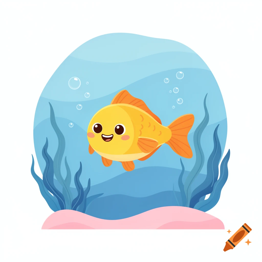 A cute, happy cartoon goldfish swims in blue water with seaweed and bubbles.