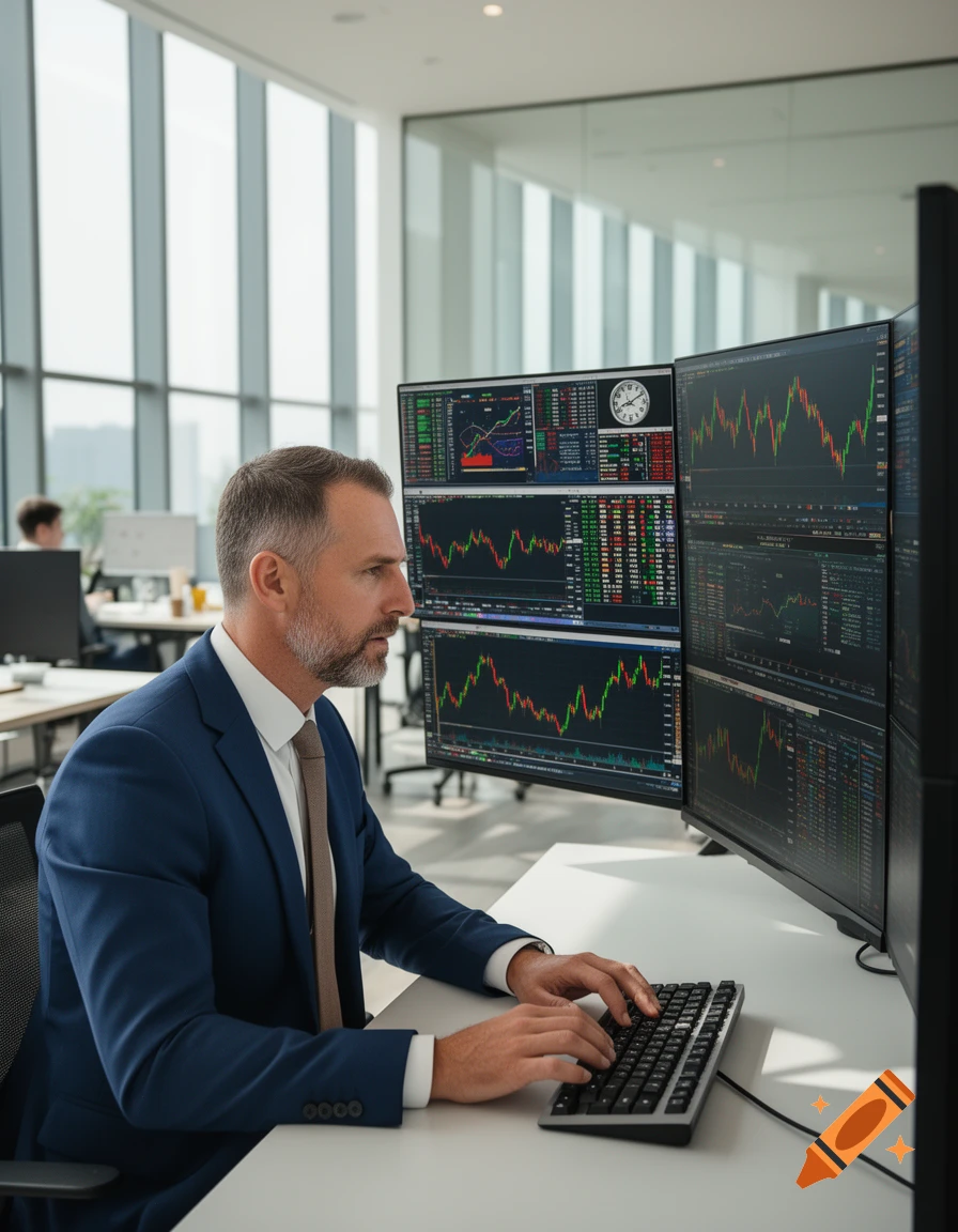 A man in a suit works at a desk with multiple monitors displaying financial graphs and data in a modern office.
