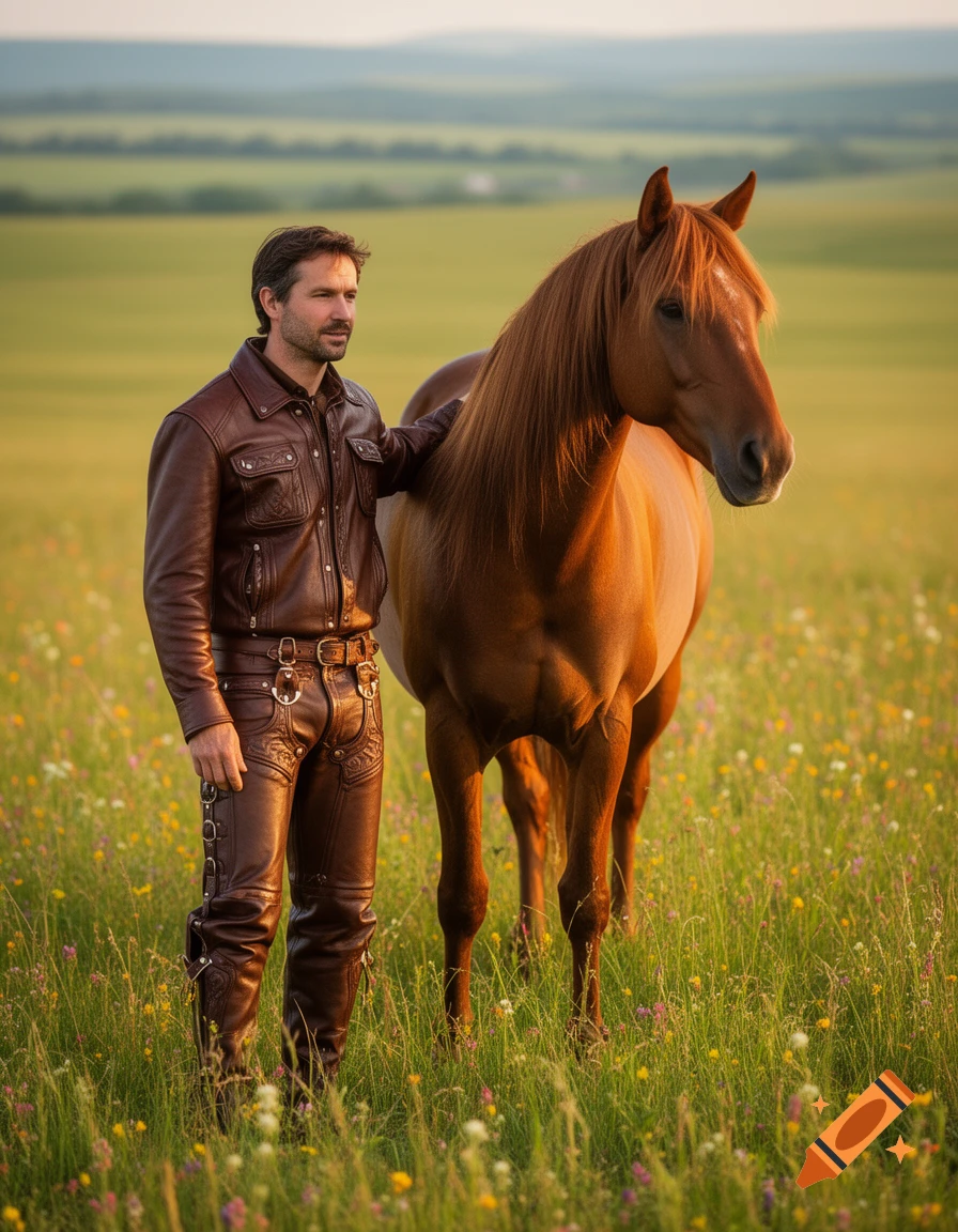 Photorealistic image of a man in a brown leather jacket and pants standing next to a brown horse in a green, flower-filled field at sunset.