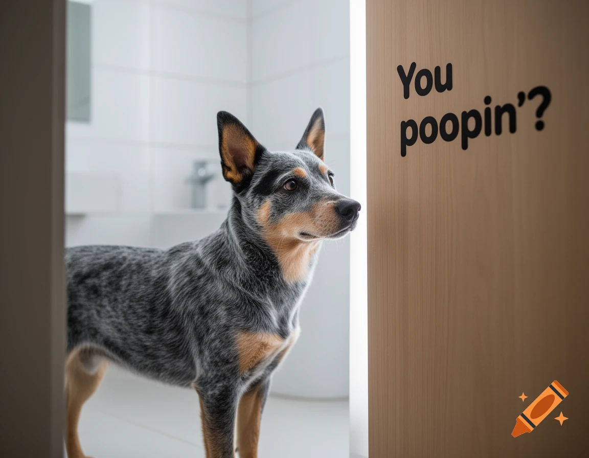 A blue Australian cattle dog peers around a partially open bathroom door with "You poopin'?" written on it.
