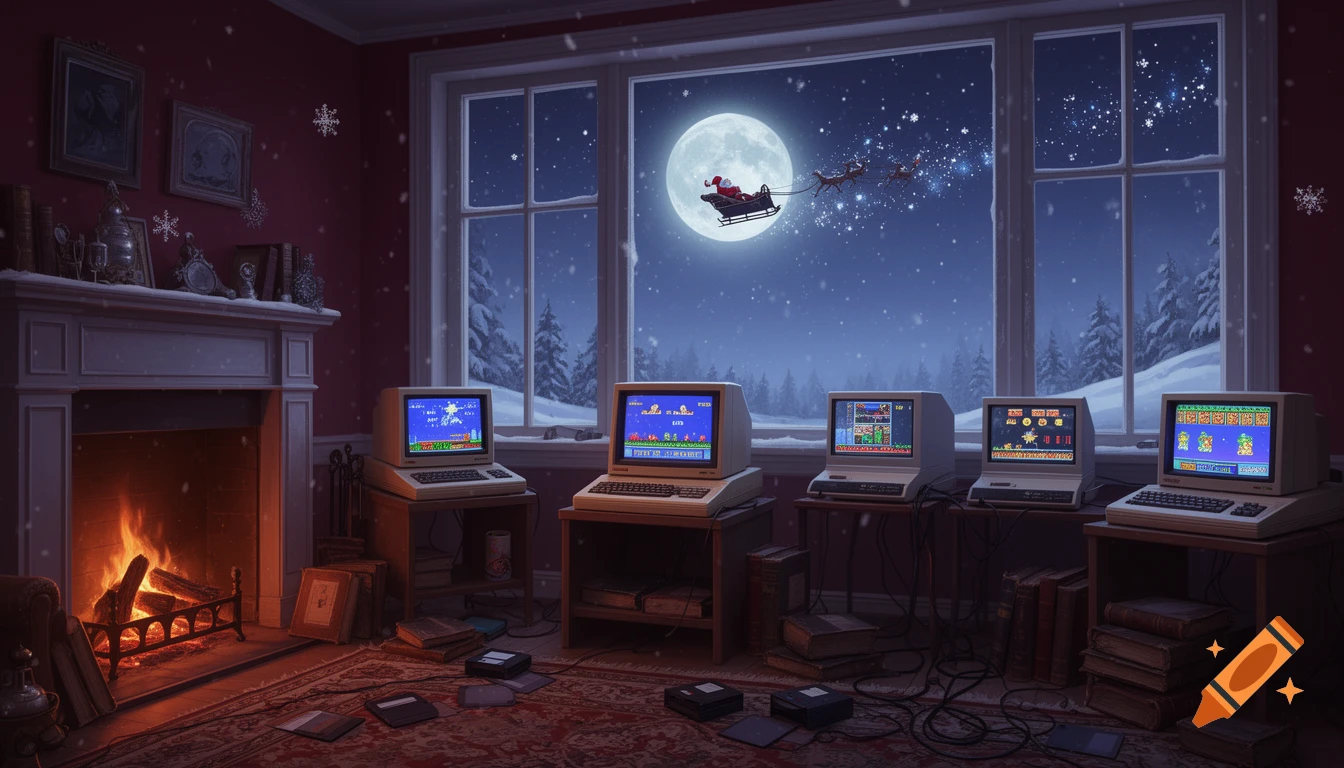 A cozy room with a fireplace and several retro computers, showing pixelated games. Through the window, Santa Claus flies across a snowy, moonlit night.