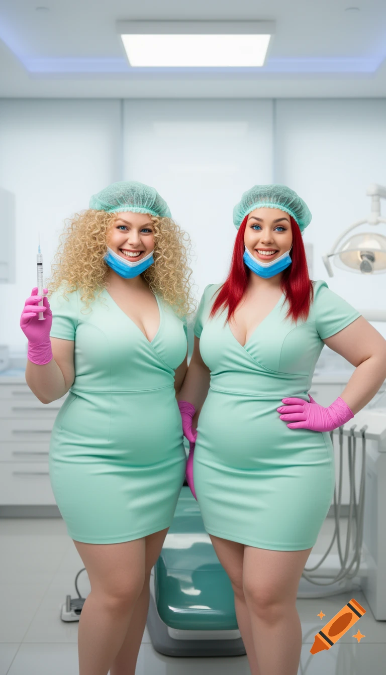 Photorealistic image of two smiling curvy female dentists in mint-green minidresses, pink gloves, and blue masks in a modern dental clinic.