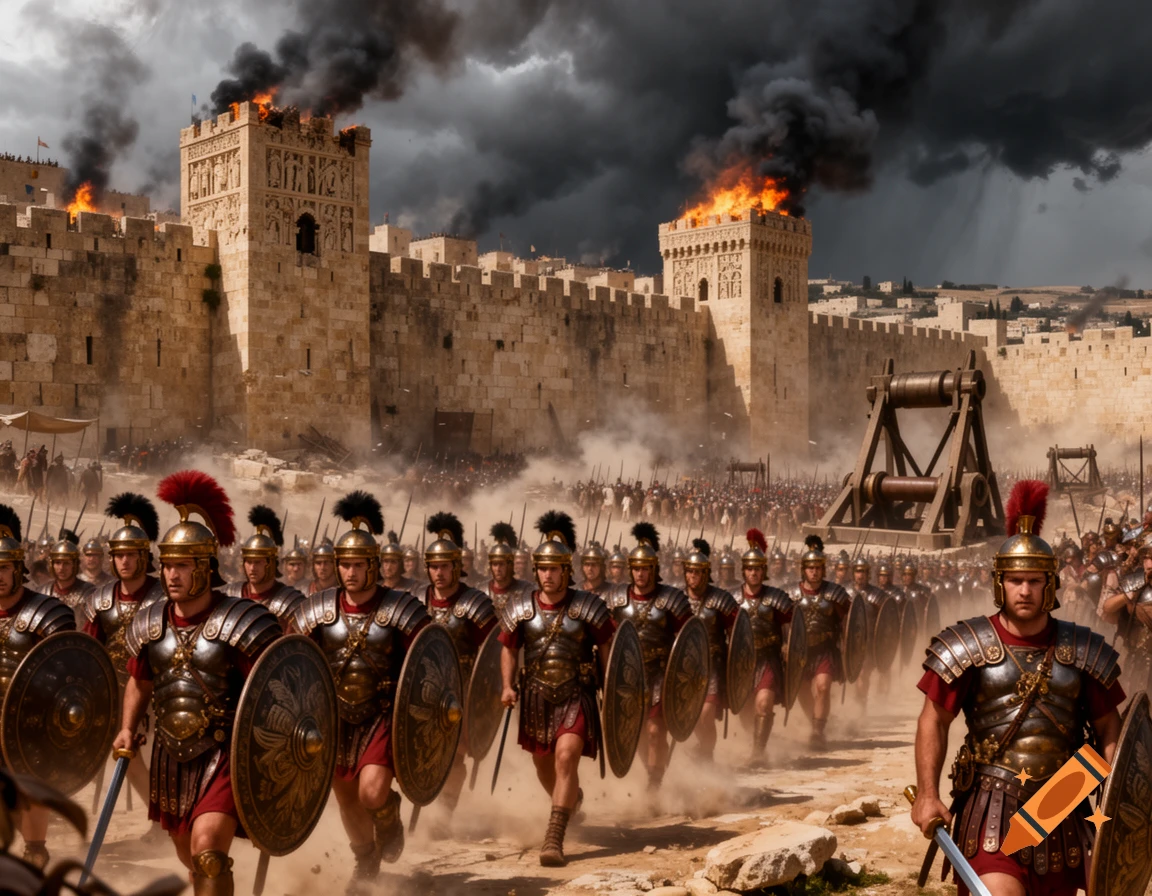 Roman soldiers in armor march towards a burning walled city under a smoky sky, with siege engines in the background, photorealistic.