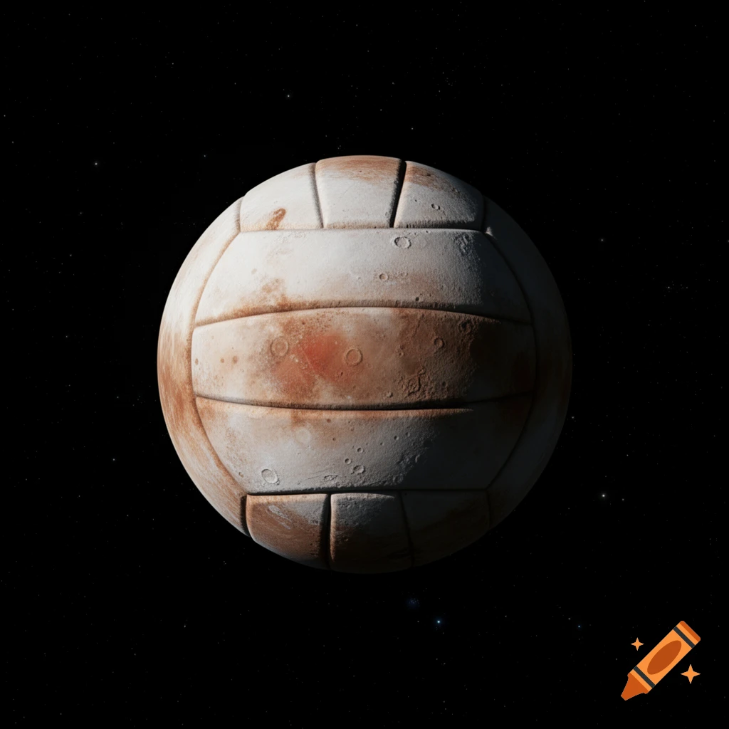 A photorealistic volleyball designed like planet Pluto, with craters and reddish spots, against a dark starry space background.