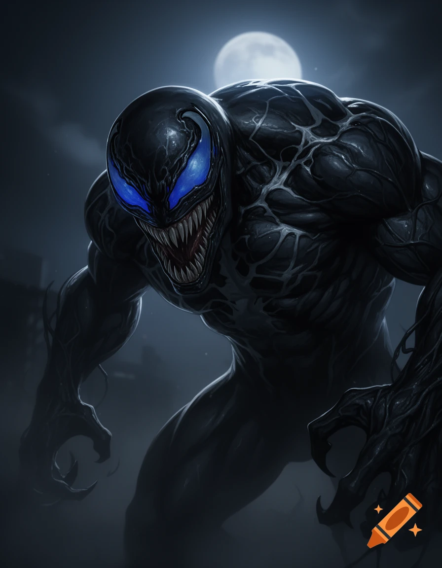 A menacing, muscular Venom with glowing blue eyes and sharp teeth, against a dark, eerie background with a full moon.