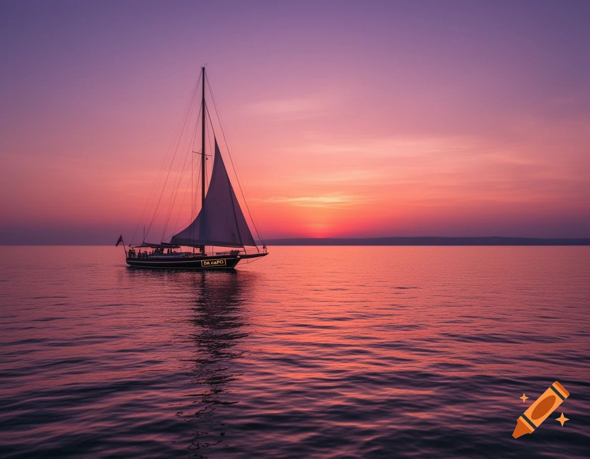 A sailboat with 'DA caPO' on its side glides across the water during a vibrant purple and orange sunset.
