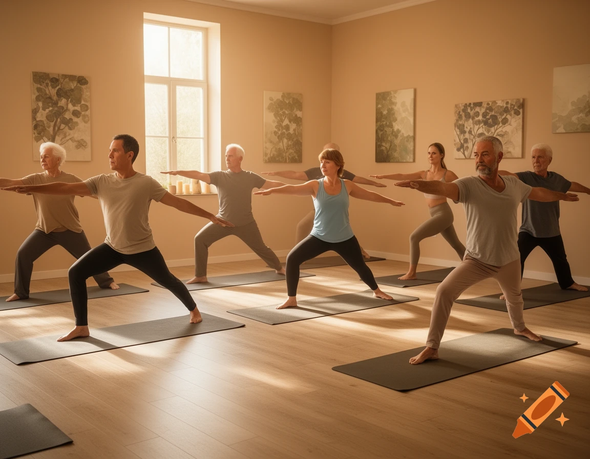 A diverse group of men and women of varying ages practice Warrior Two yoga pose on mats in a sunlit room.