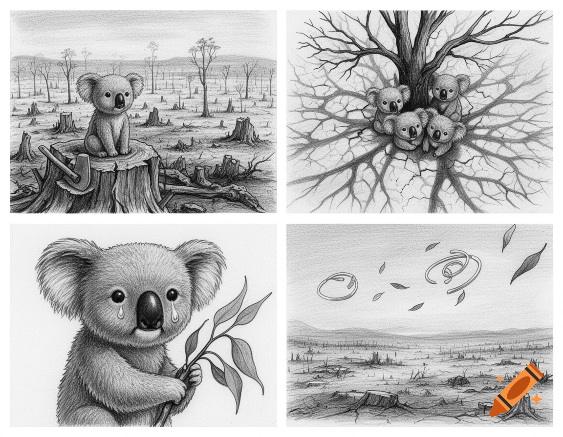 Four black and white pencil sketches depict sad koalas in a deforested landscape with bare trees and stumps.