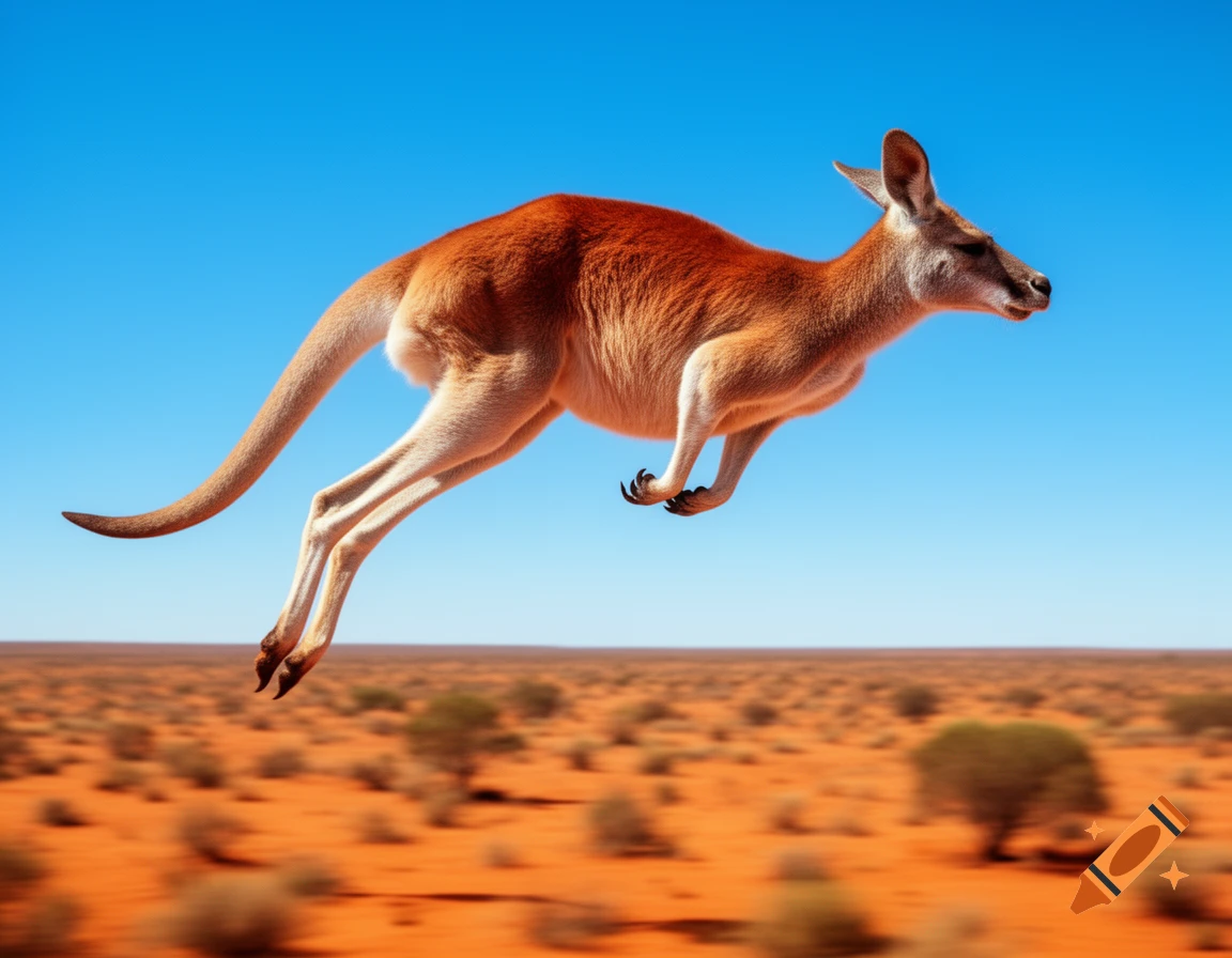 A powerful red kangaroo leaps high against a bright blue sky over a blurred, arid orange desert landscape.