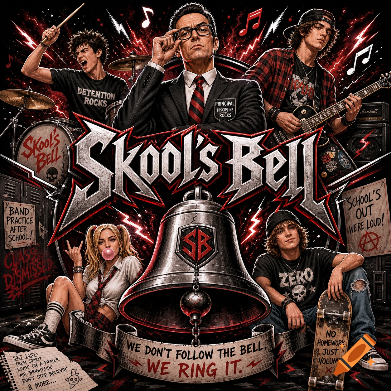 An elaborate metal album cover for 'Skool's Bell' with a principal, rebellious students, instruments, and school-themed text, in a graphic art style.