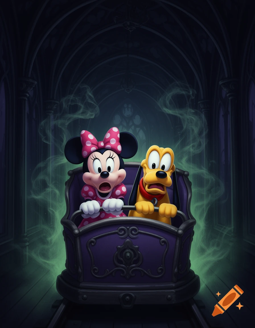 Minnie Mouse and Pluto look scared while riding a purple Doombuggy through a dark, spooky gothic hall with green mist.