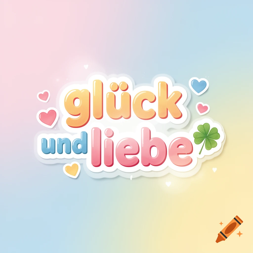 Colorful, bubbly 'glück und liebe' (happiness and love) text in a sticker style, surrounded by hearts and a four-leaf clover on a pastel gradient background.
