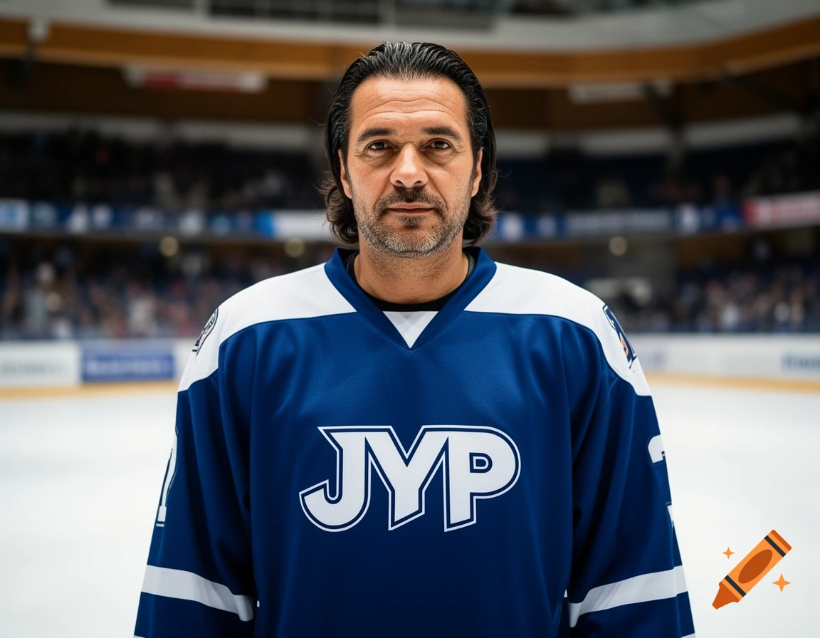 A man with dark hair and a beard wearing a blue and white JYP ice hockey jersey, standing on the ice in an arena.