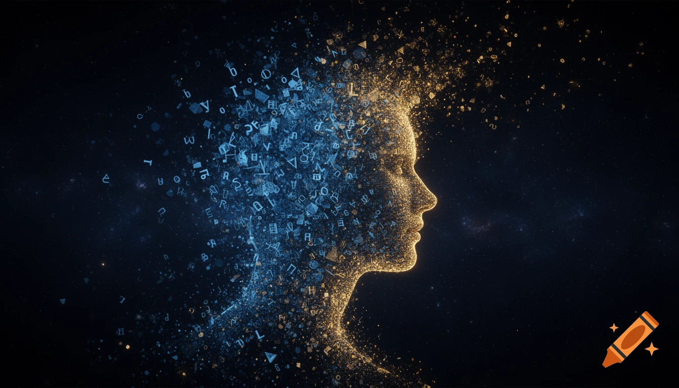 A human head silhouette, made of glowing gold and blue particles and letter fragments, emerging from a dark, star-filled space background.