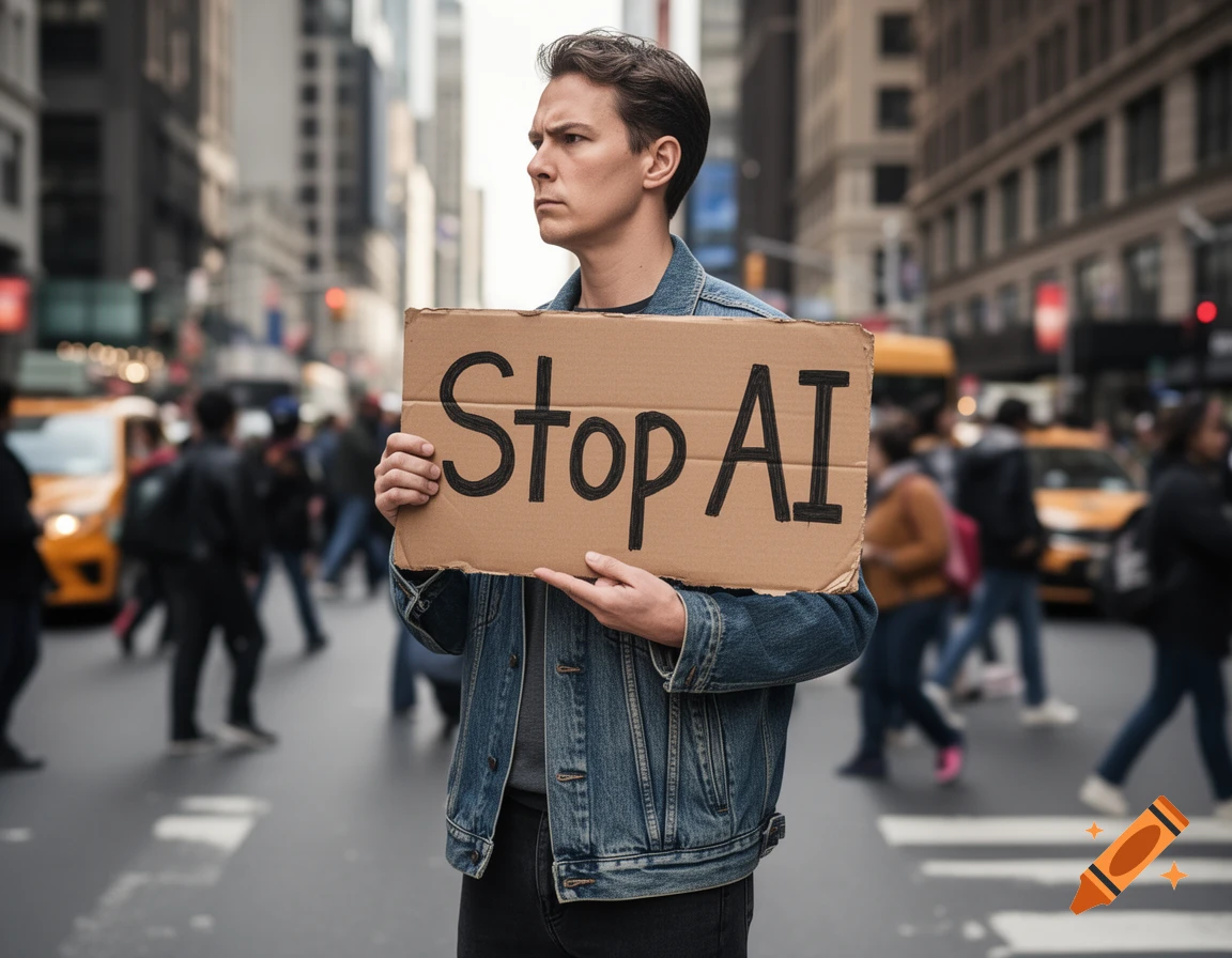 A man holding a 'Stop AI' sign stands on a busy city street, looking determined.