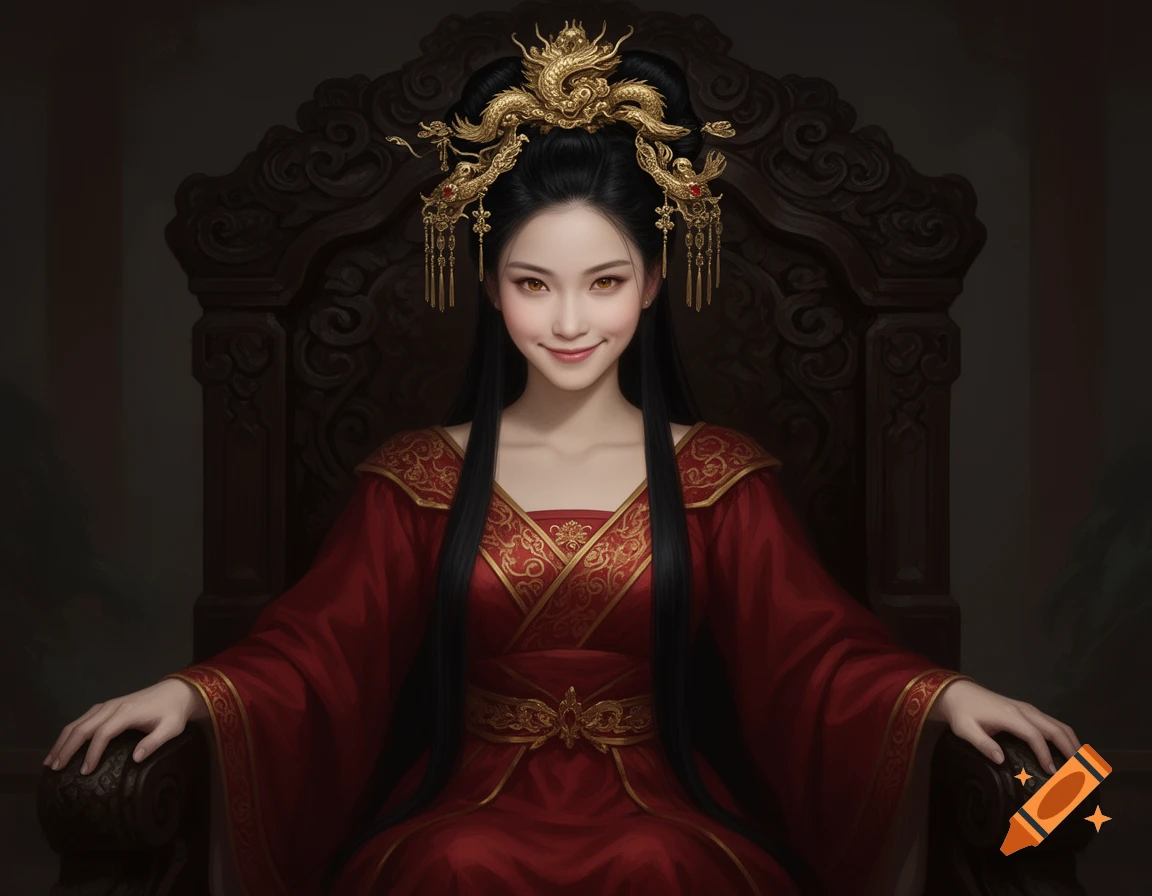 A regal Asian woman with long black hair and a golden dragon hairpin, wearing a red and gold dress, sits on a dark throne.