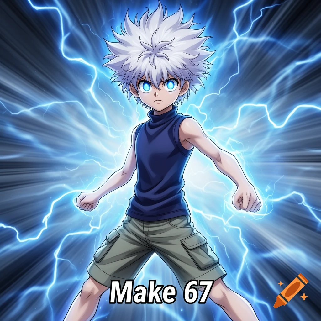 An anime boy with spiky white hair and glowing blue eyes, wearing a dark blue top and cargo shorts, surrounded by blue lightning with text 'Make 67'.