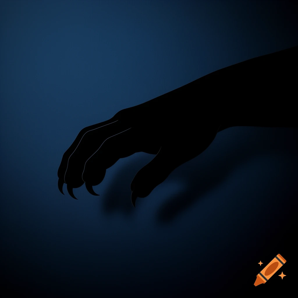 A black silhouette of a cat's paw with extended claws against a dark blue background.