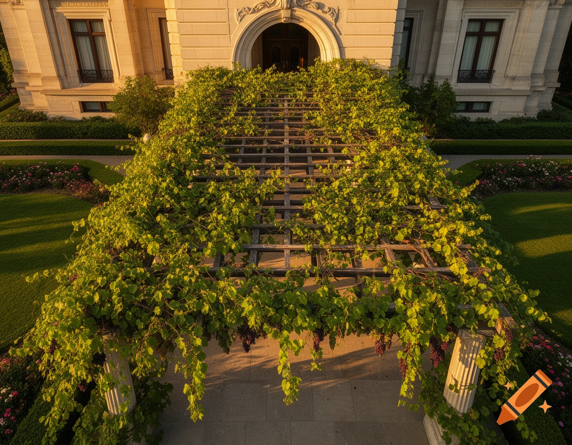 An aerial view of a grand building with a vine-covered pergola extending from its entrance, surrounded by lush green lawns and flowerbeds.