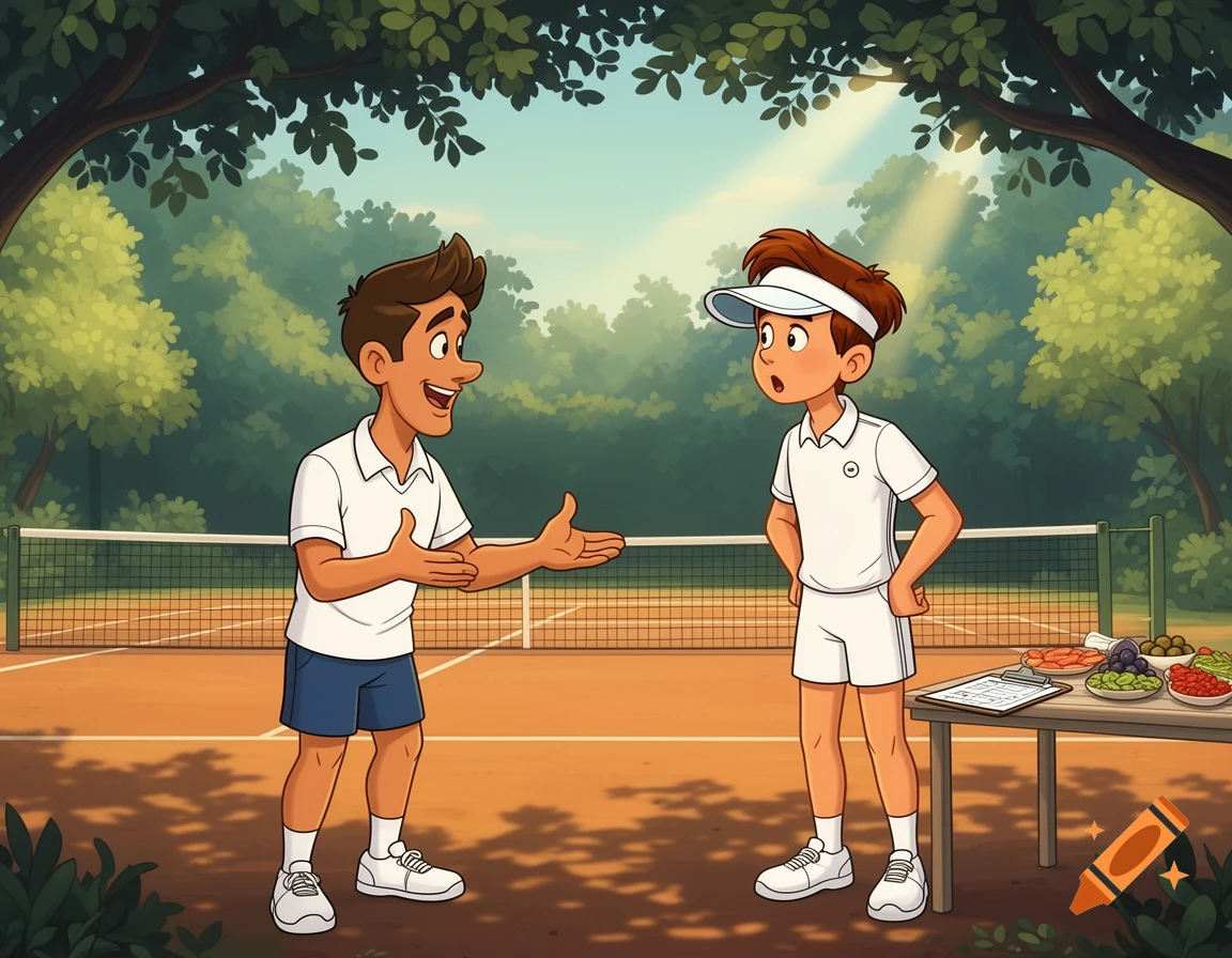 Two cartoon men on a tennis court, one talking to another looking surprised, with a table of healthy food.