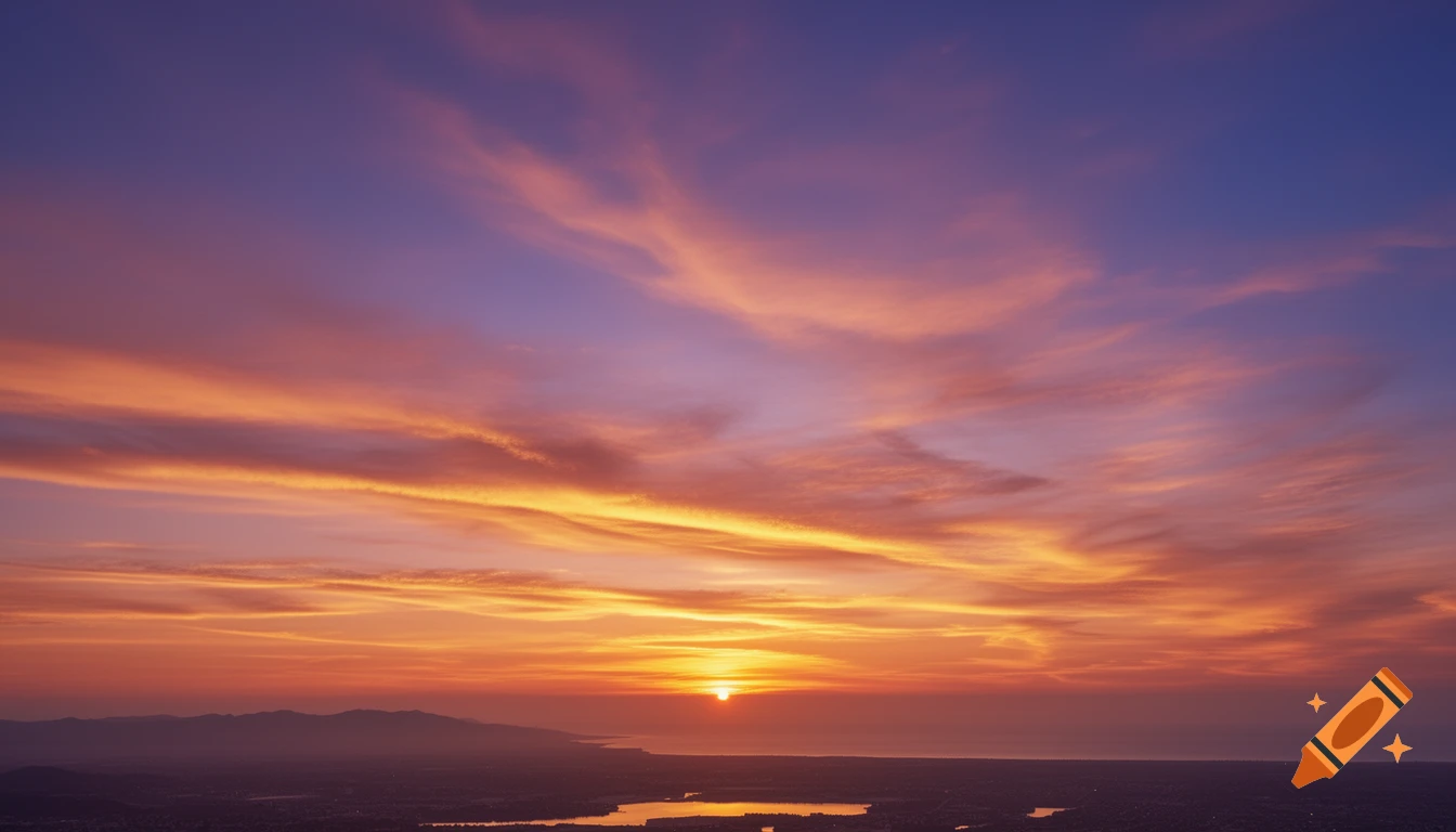 Vibrant orange, pink, and purple sunset sky over a distant landscape with mountains and water.