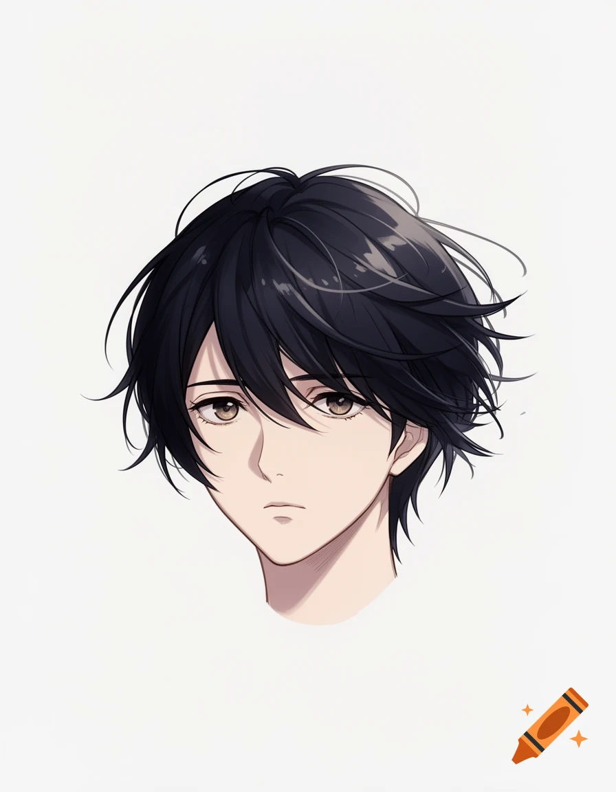 Anime style headshot of a person with short, tousled dark hair and brown eyes.