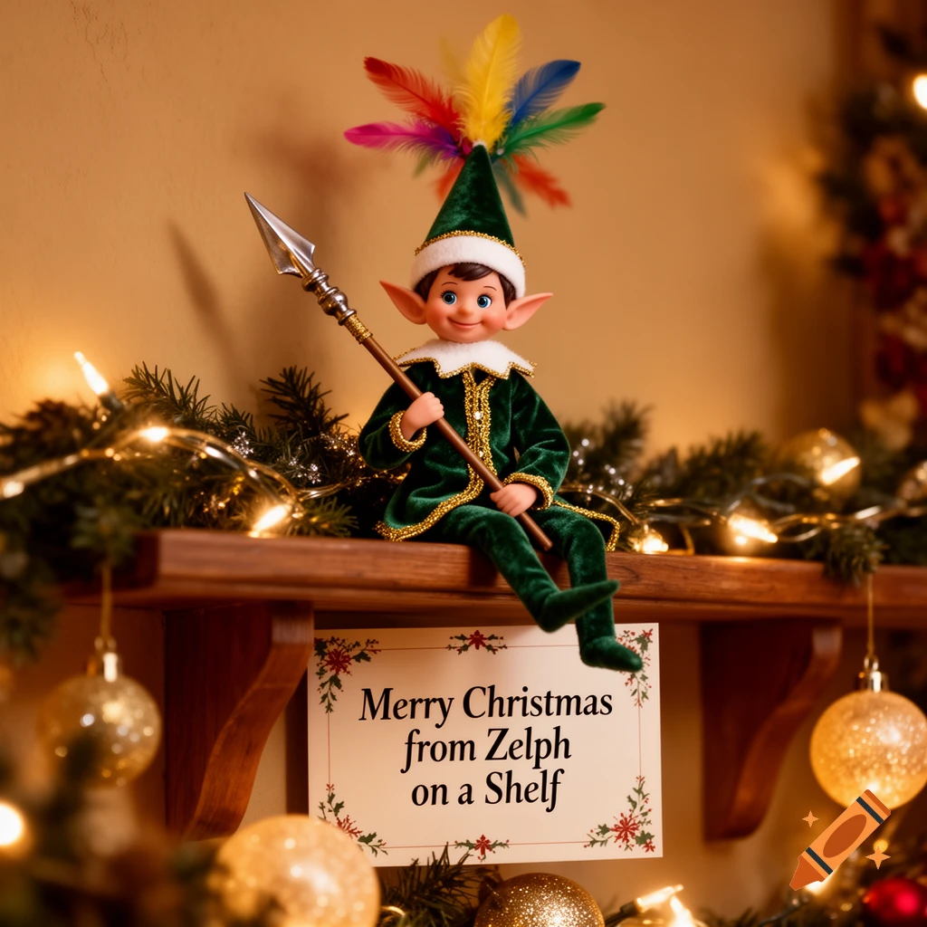 Elf doll with colorful feathered hat and spear sitting on a Christmas-decorated shelf, a sign reads "Merry Christmas from Zelph on a Shelf".