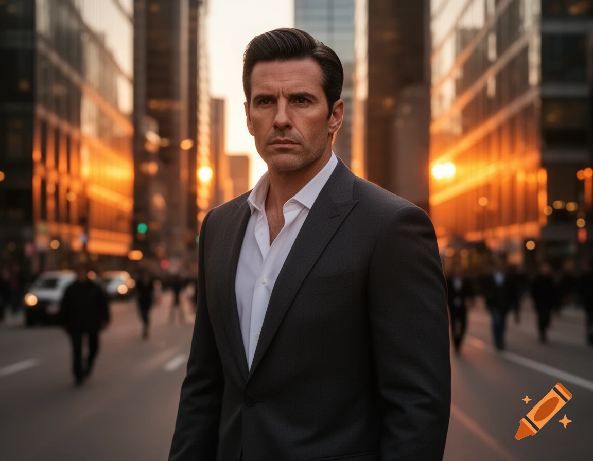 Photorealistic portrait of a man in a dark suit on a city street at sunset, looking forward.
