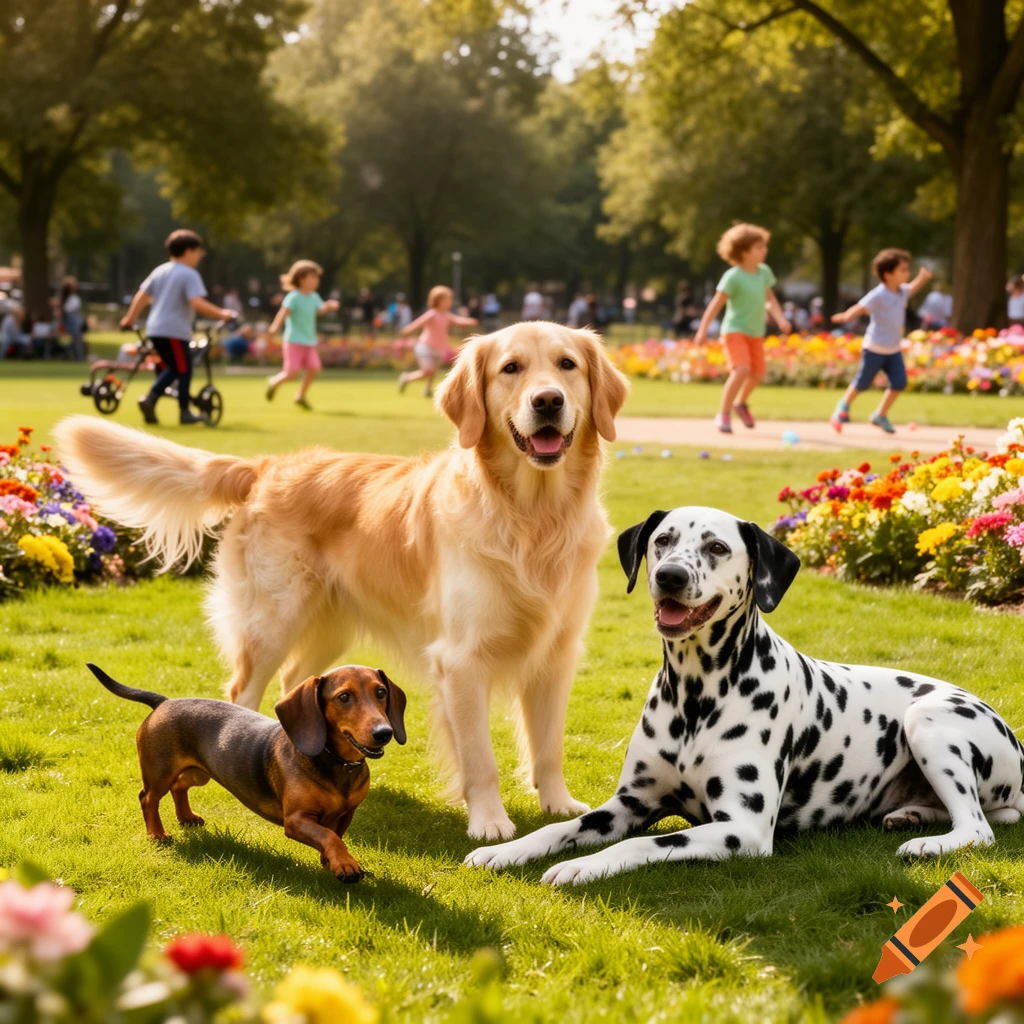 Three happy dogs, a Golden Retriever, a Dalmatian, and a Dachshund, in a sunny park with children and flowers.