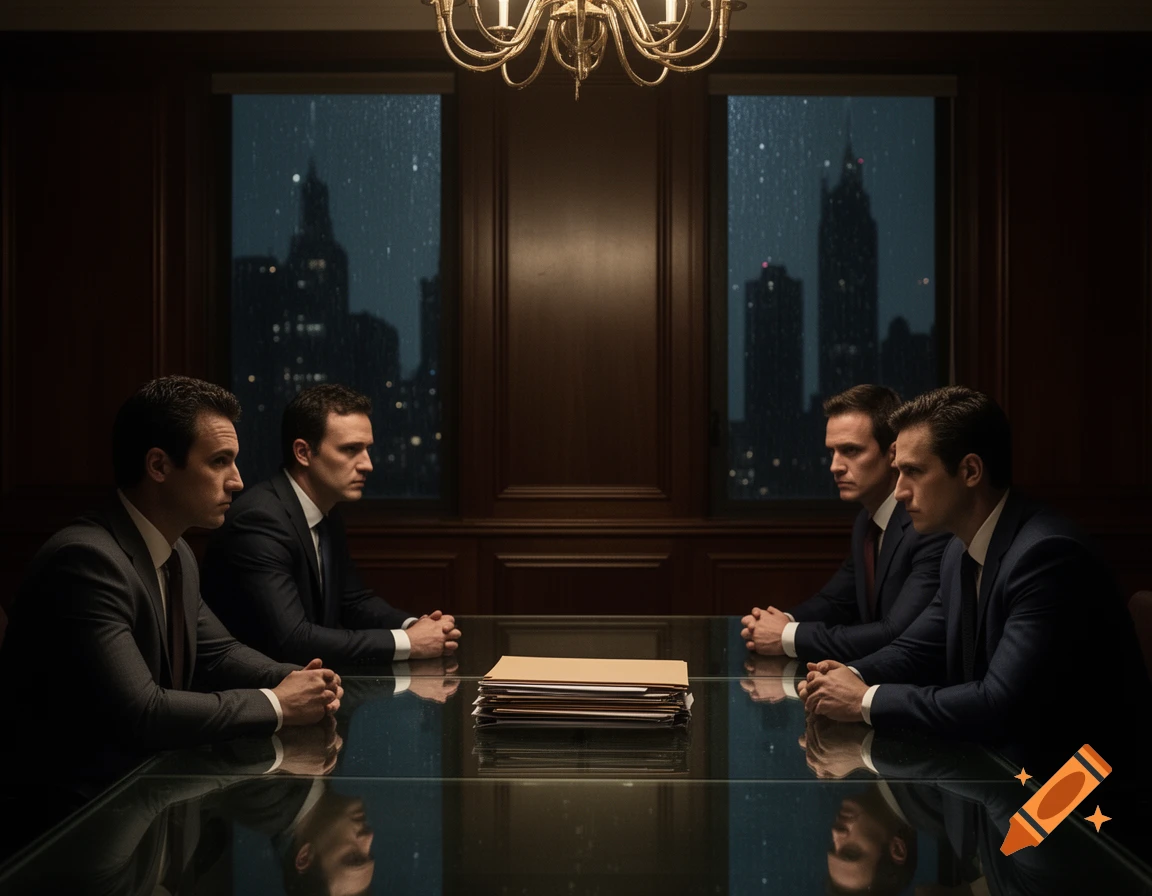 Four men in suits sit across a glass table in a dimly lit meeting room, with city lights visible through windows at night.