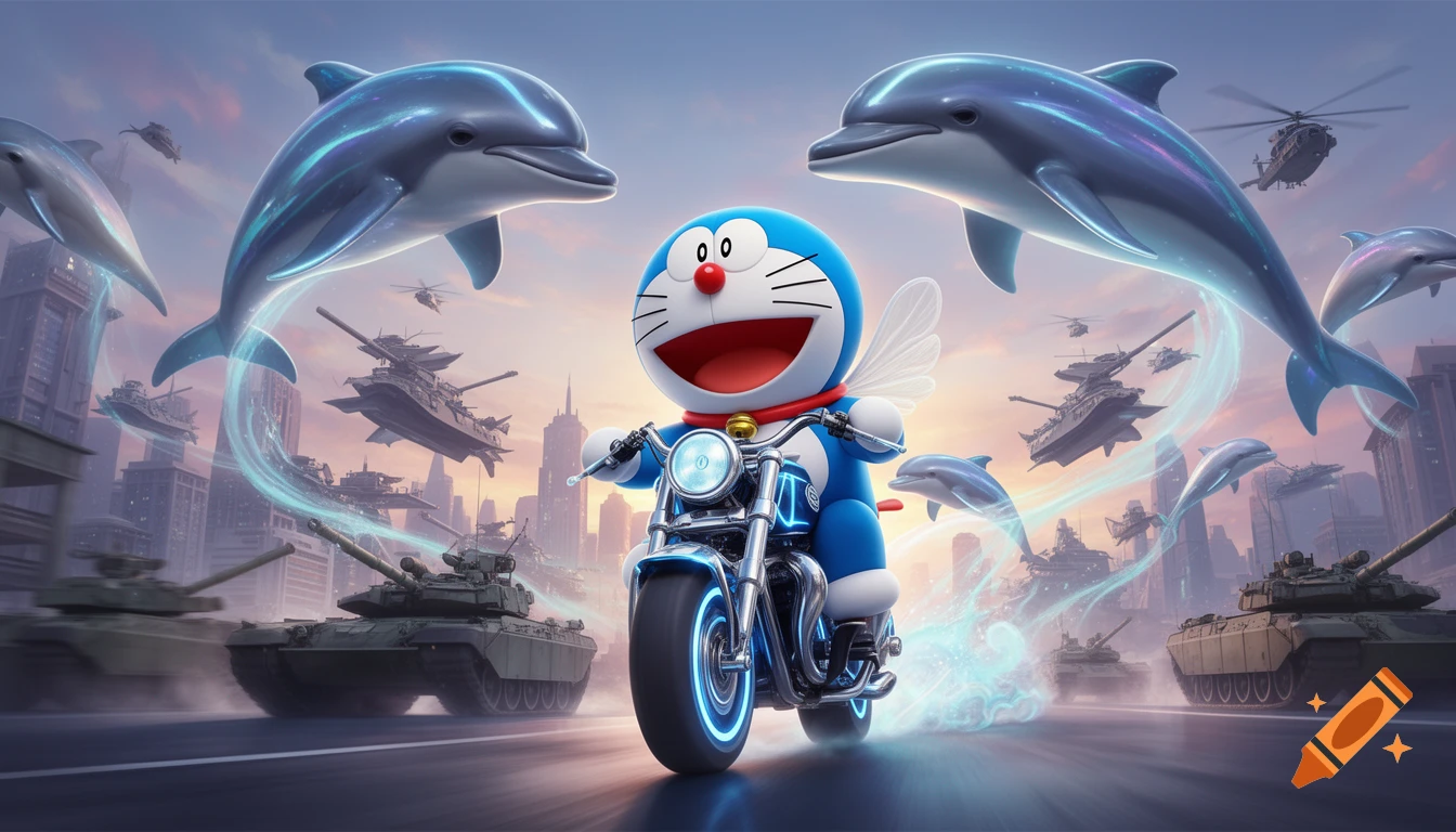Doraemon on a motorbike driving through a fantastical city scene with flying dolphins, tanks, and helicopters.