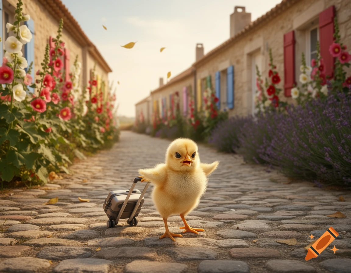 A fluffy yellow chick with an angry expression pushes a small suitcase along a cobblestone path lined with flower-filled houses.