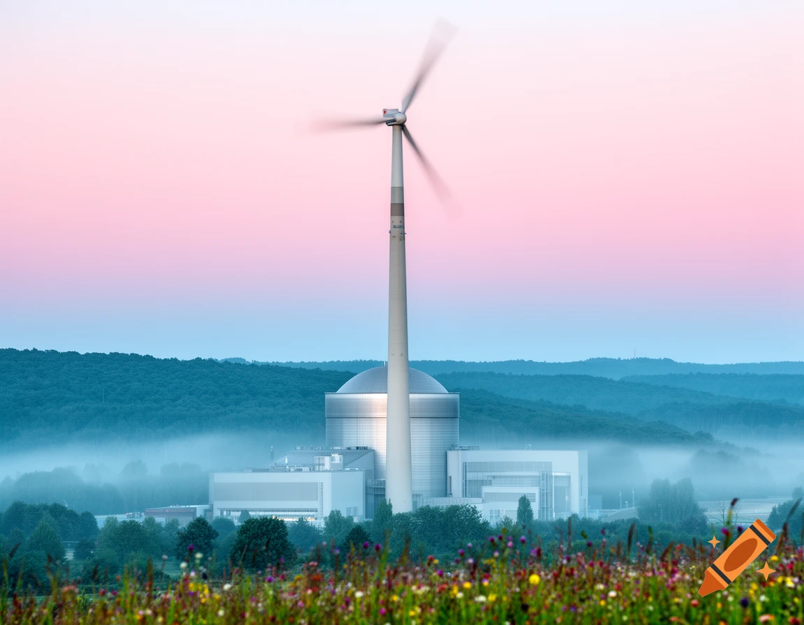 A tall wind turbine and a nuclear power plant stand by a field of colorful wildflowers, with misty forests under a pink and blue sky.