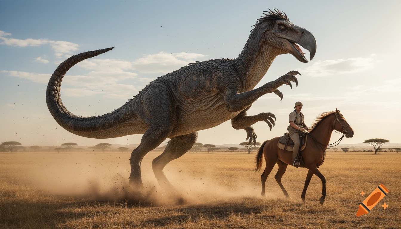 A massive, scaly predatory bird-dinosaur chases a person on horseback across a dusty African savanna at sunset.