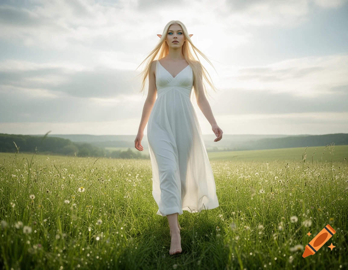A blonde elf woman in a white dress walks barefoot through a sunlit, dew-kissed grassy field.